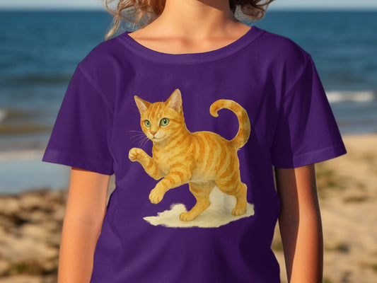 Playful Orange Cat Print on Purple Kids T-Shirt product