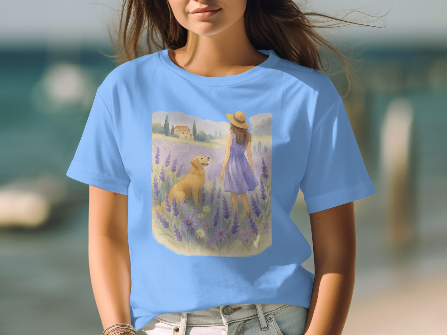Woman Standing with Dog in Lavender Fields T-Shirt