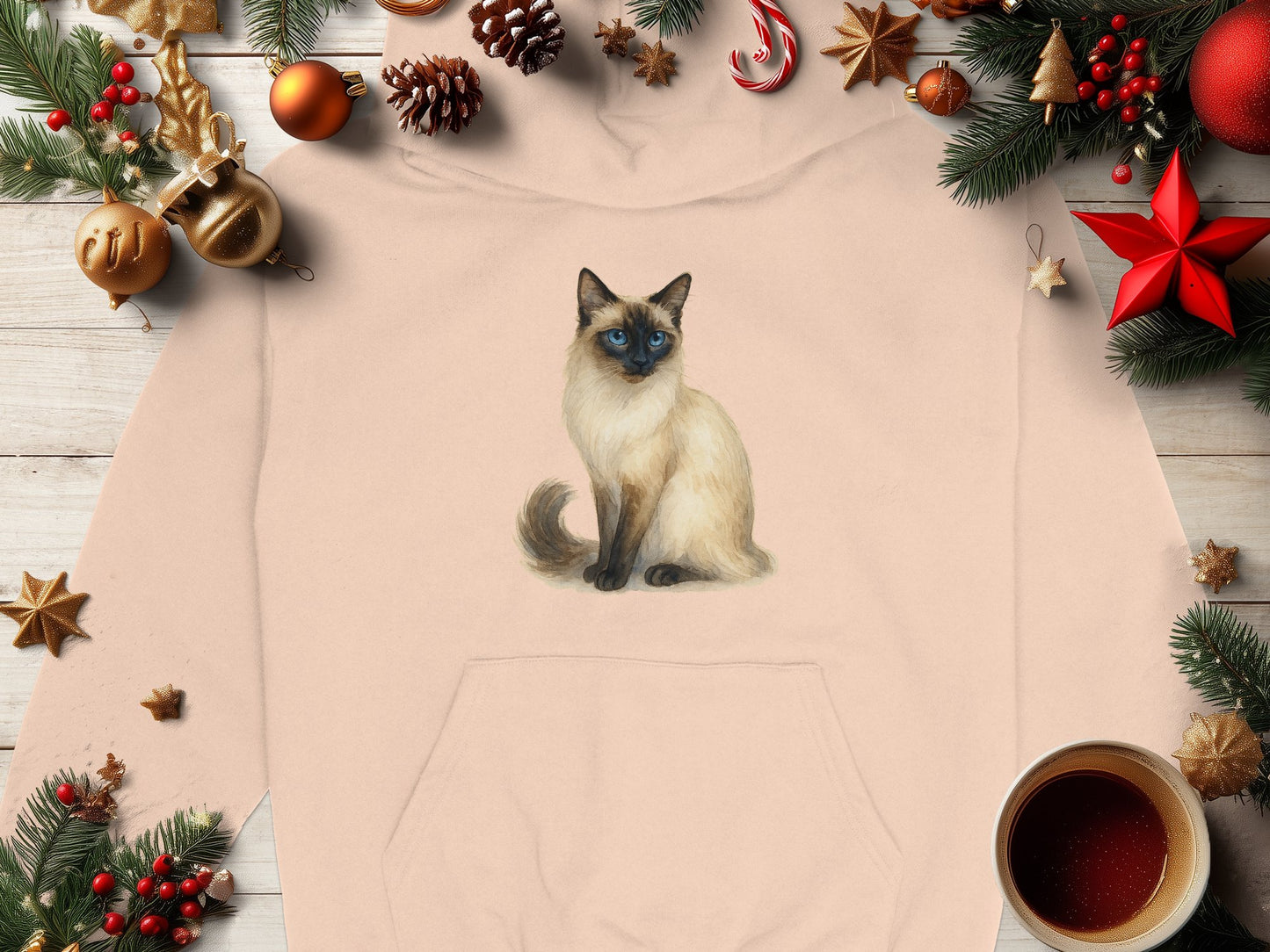 Festive Siamese Cat Print Hoodie Sweater Perfect Holiday Product
