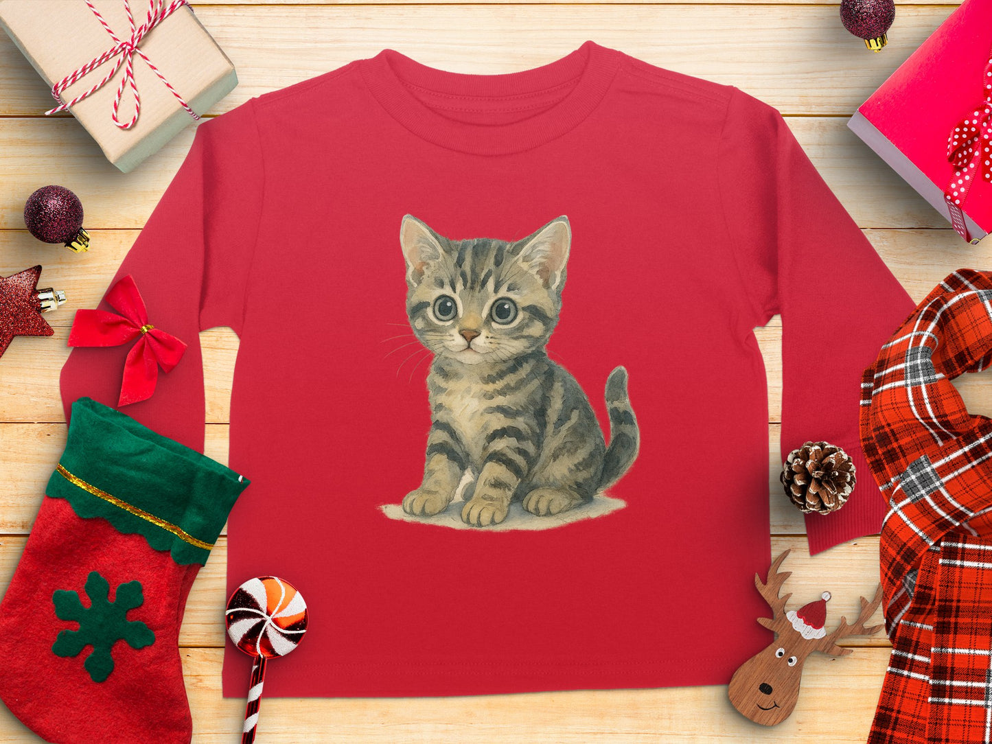 Cute Festive Kitten Red Long Sleeve Shirt product
