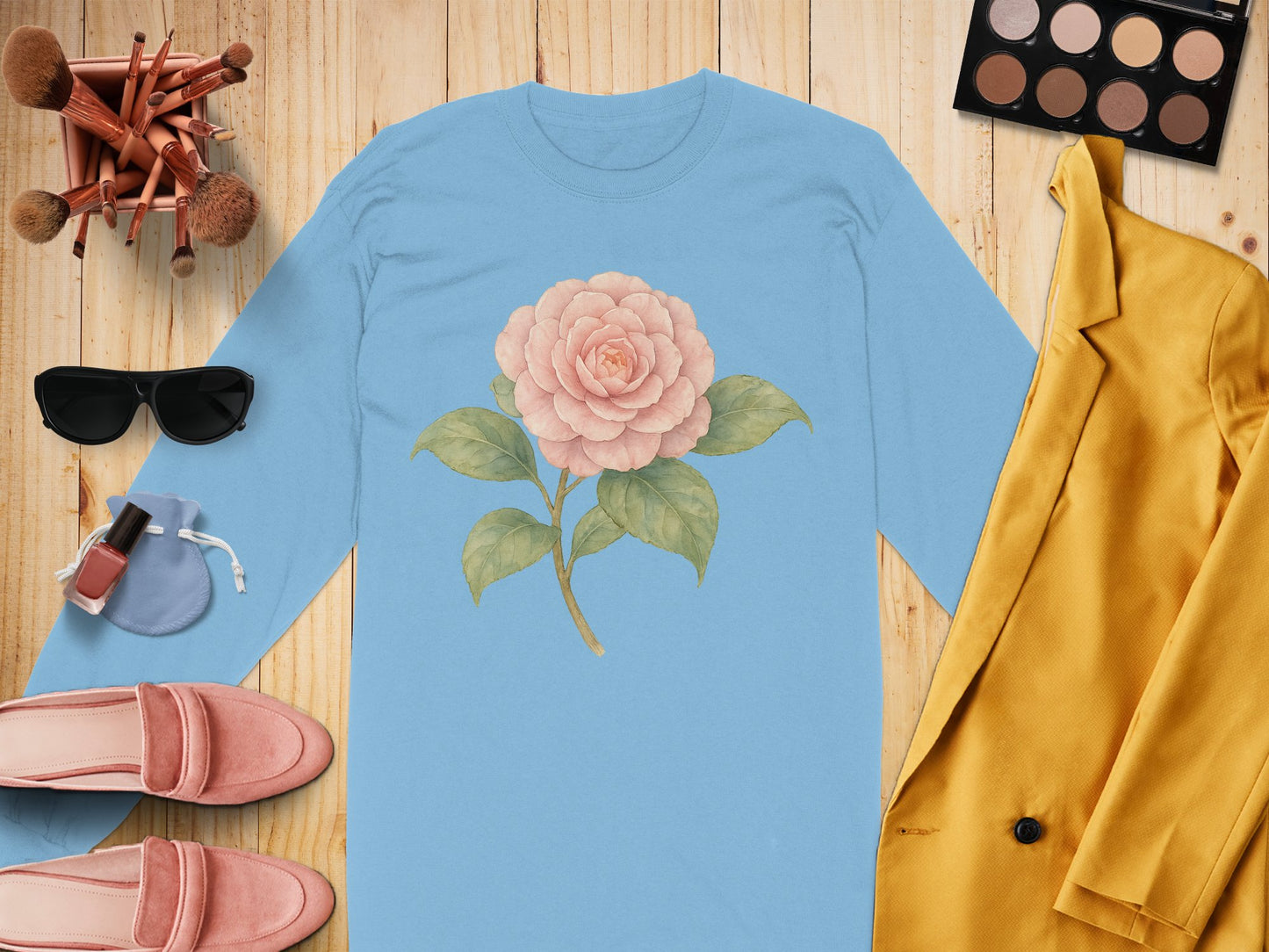Elegant Pink Rose Floral Design on Blue Shirt product type