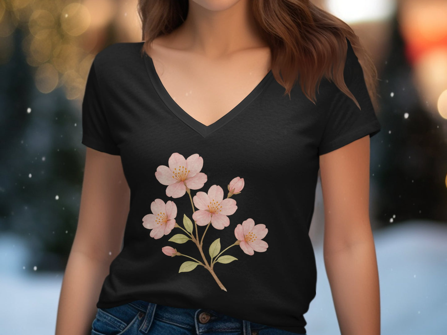 Black V Neck with Pink Flower Design graphic t-shirt product type