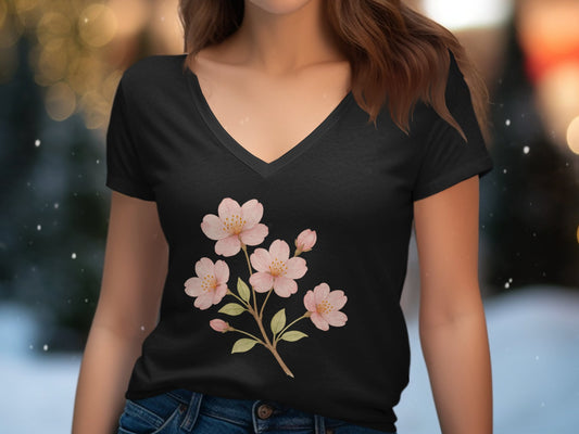 Black V Neck with Pink Flower Design graphic t-shirt product type