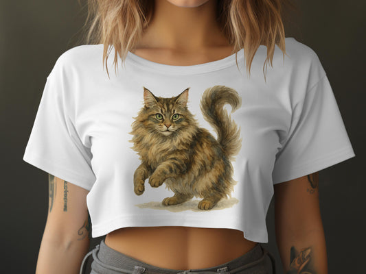 Majestic Fluffy Cat Design on White Crop Top product