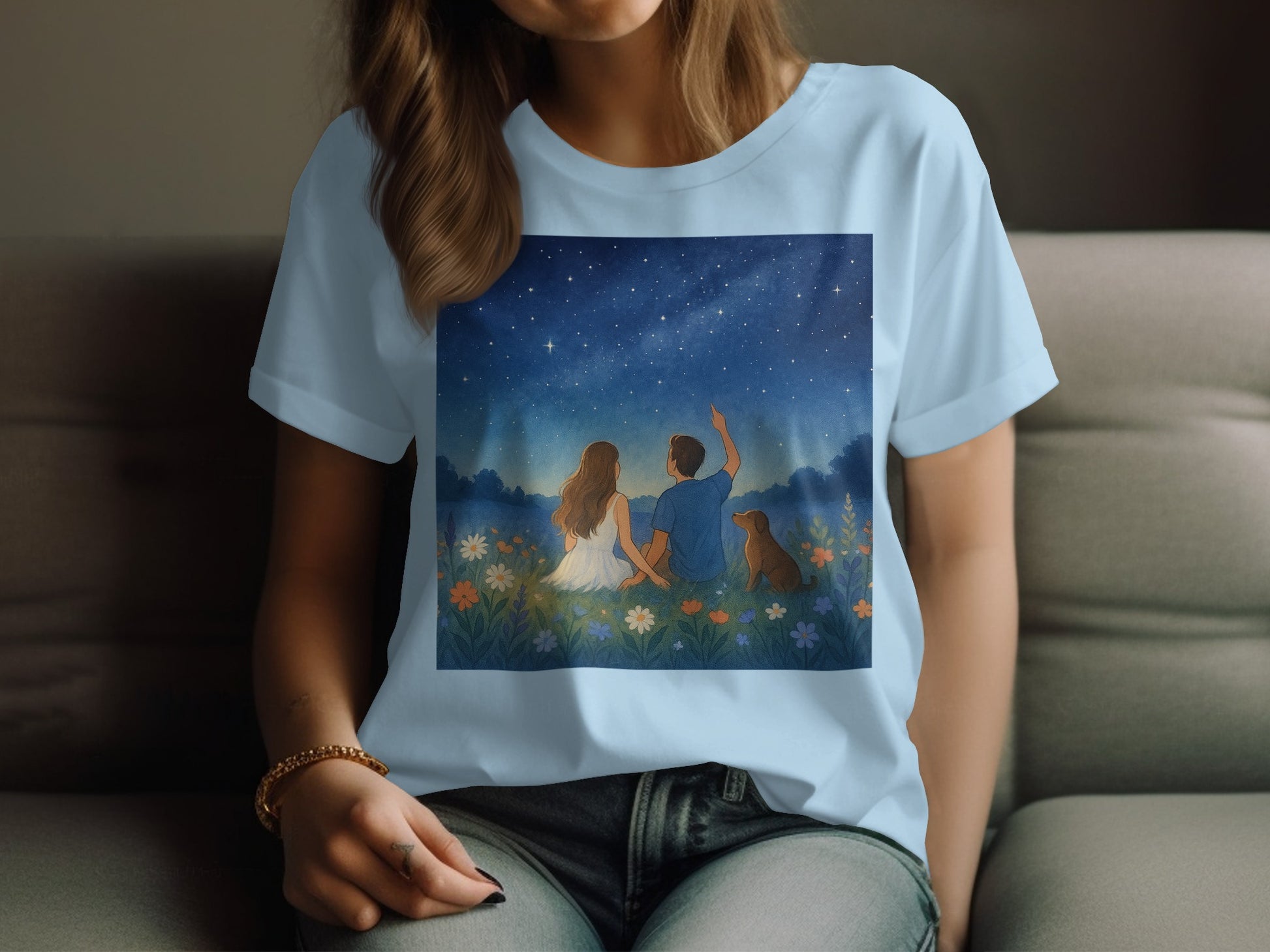 Stargazing Couple and Dog Graphic T-Shirt product type