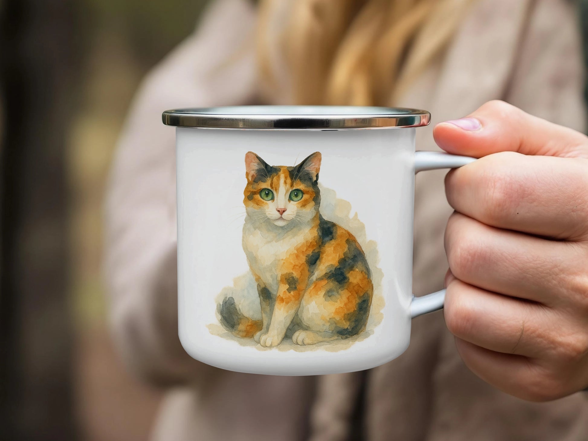 Watercolor Cat Print in Metal Camping Mug product type