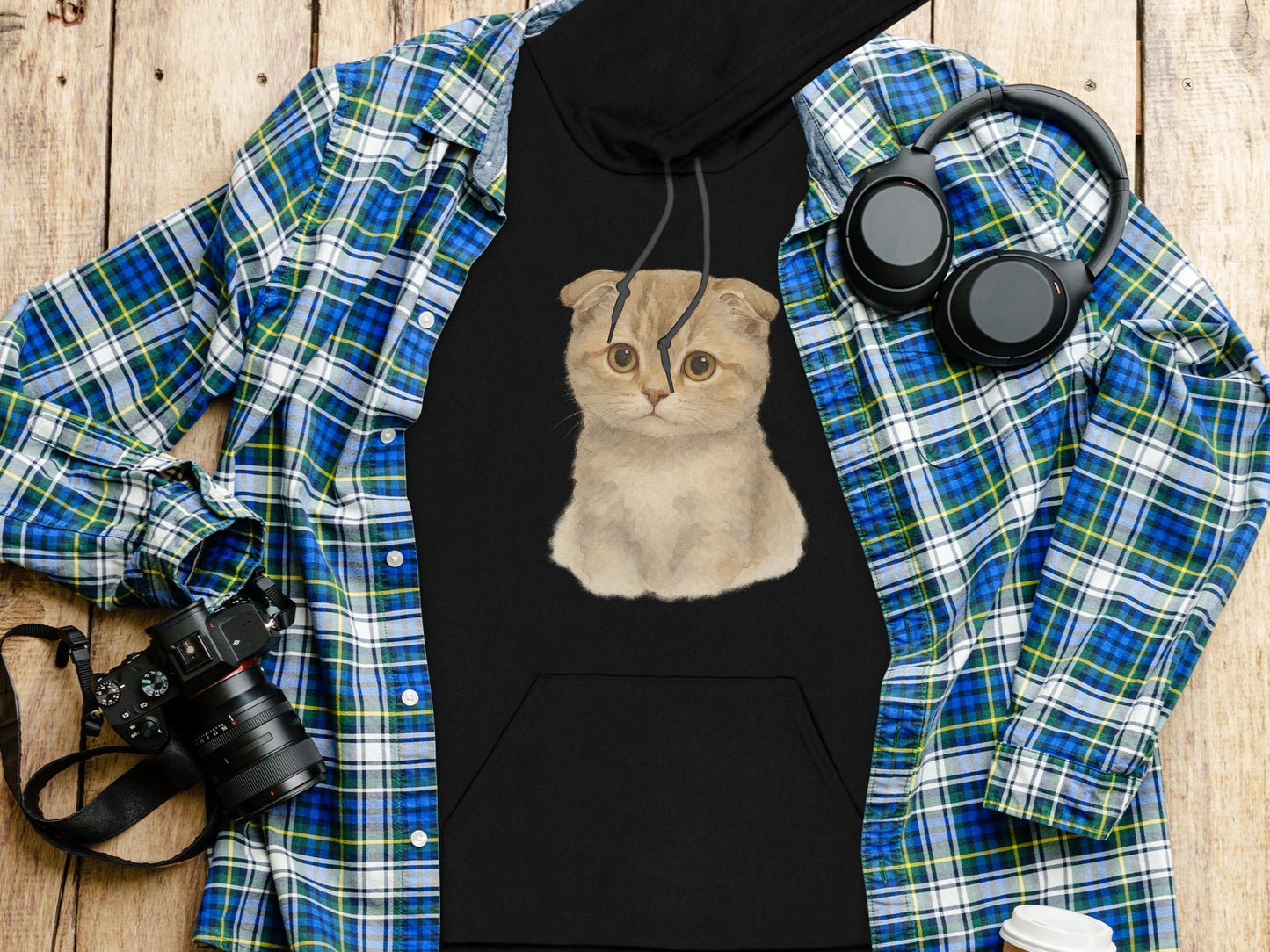Hoodie with Cute Cat Design on Black Background product