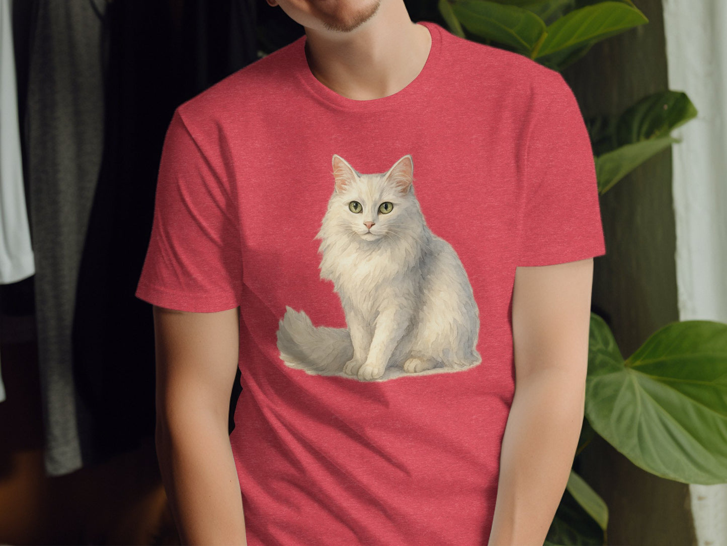 Cute White Cat Sitting Artwork on Red Shirt product type