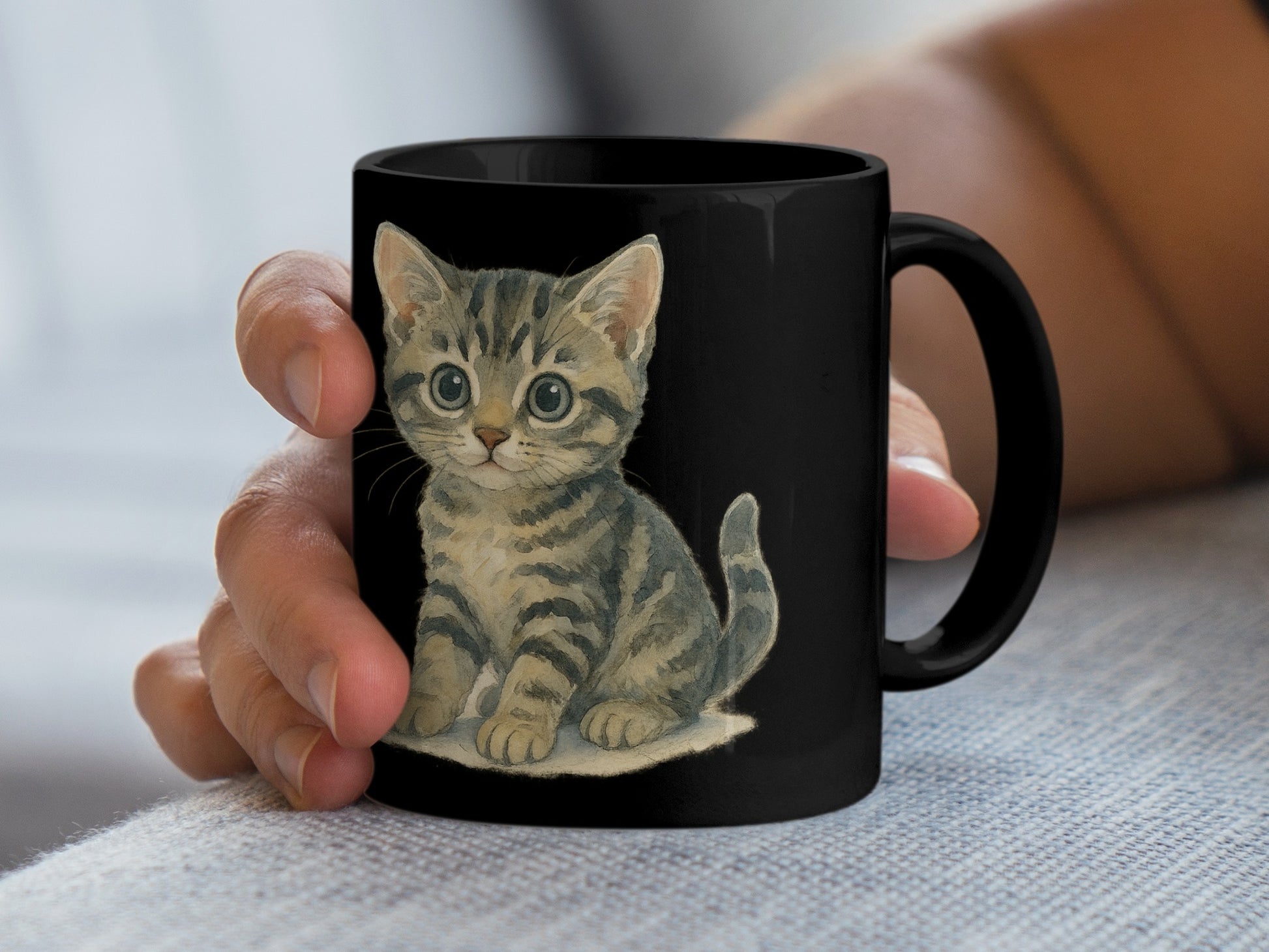 Adorable Kitten Illustration on Black Mug product type