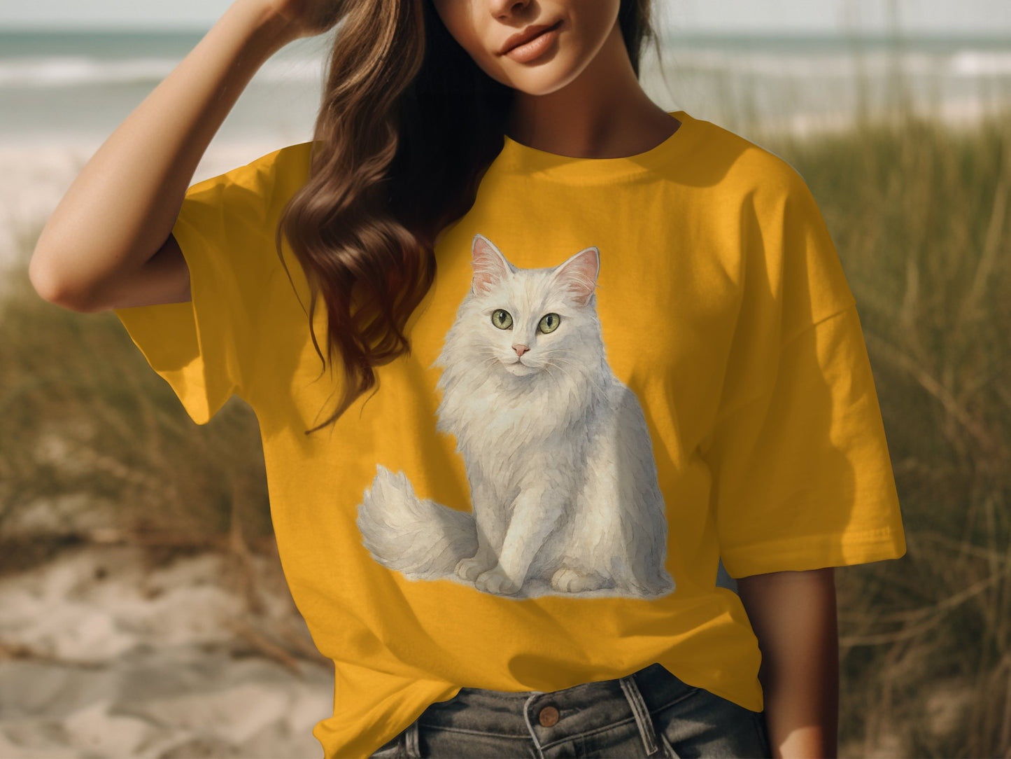 Stylish Yellow T-Shirt with Adorable Cat Print product