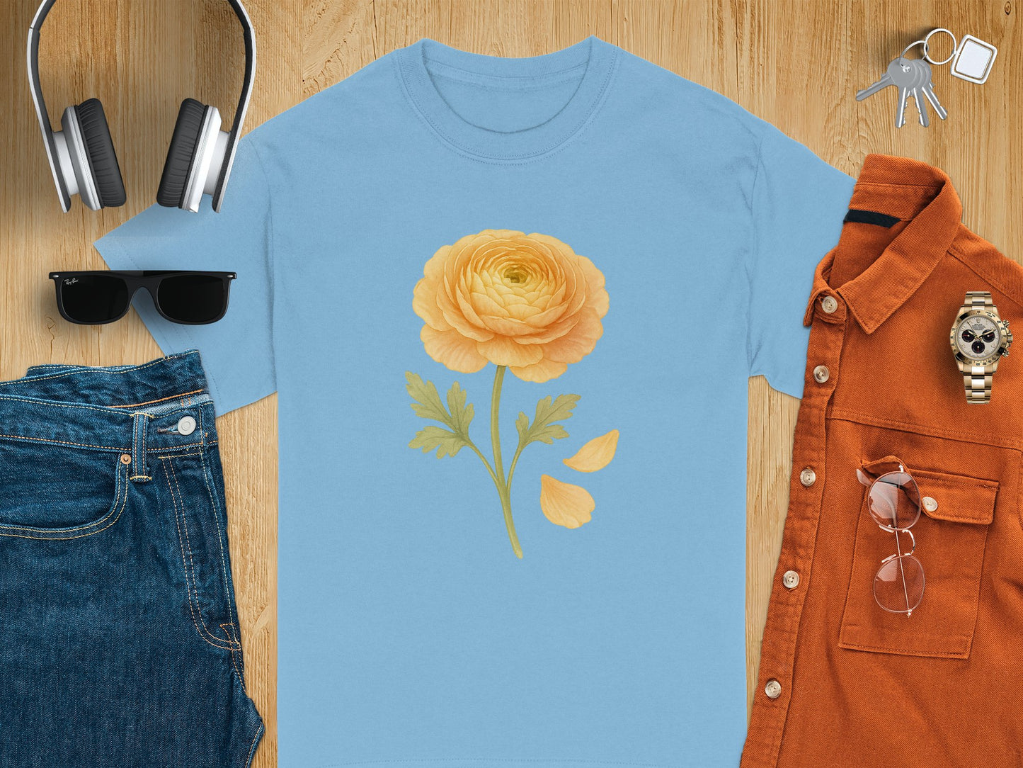 Blue T-Shirt with Yellow Flower Design T-Shirt product type
