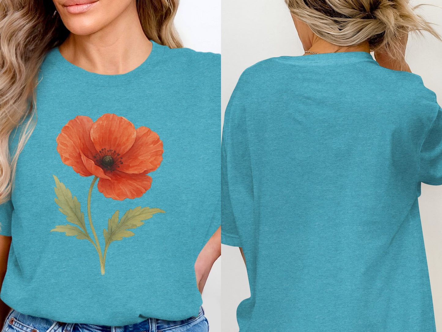 Vibrant Red Flower Teal Graphic Print Shirt product