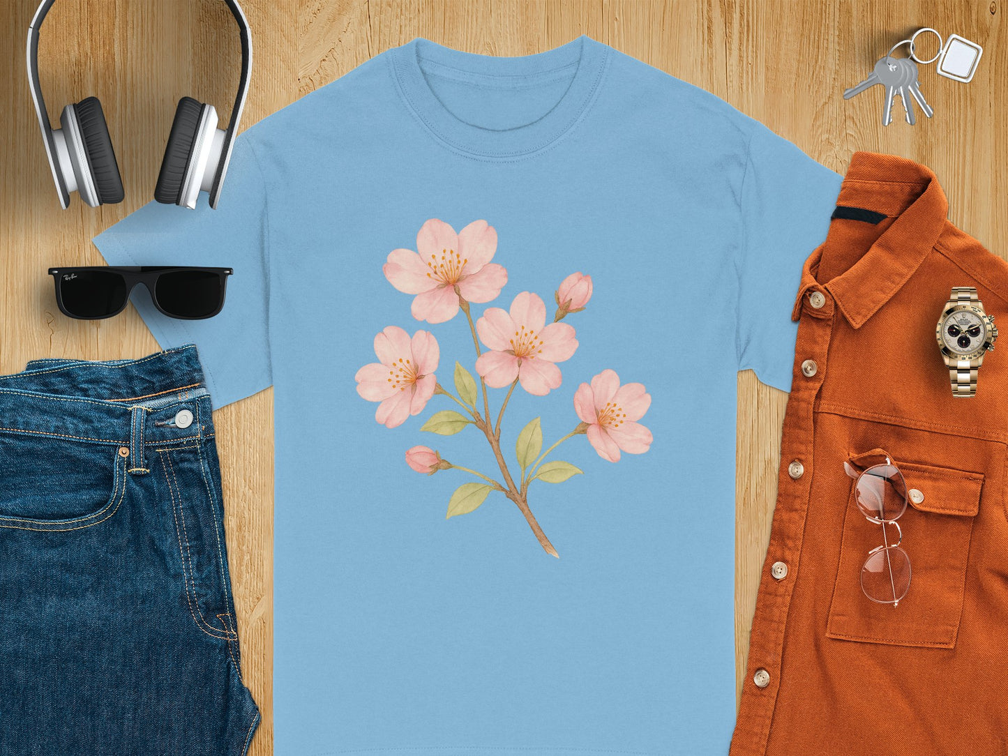 Beautiful Floral Design on Light Blue Shirt product