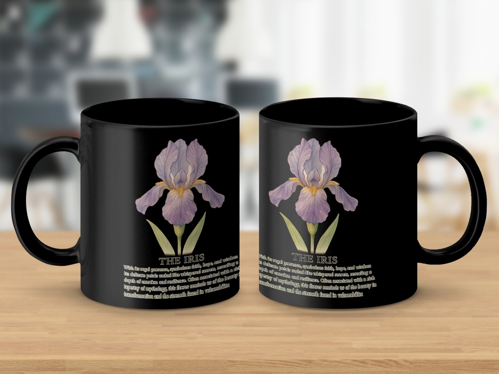 Beautiful Black Glossy Mug with Iris Flower Design product type