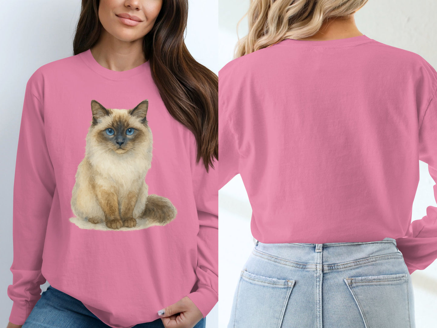 Cute Blue-Eyed Cat Print on Pink Long Sleeve Top product type