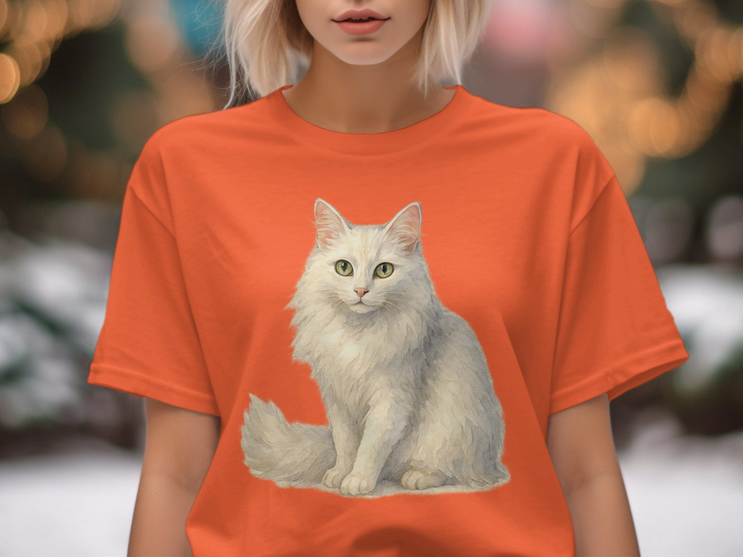 Adorable white cat print on bright orange T-shirt product type