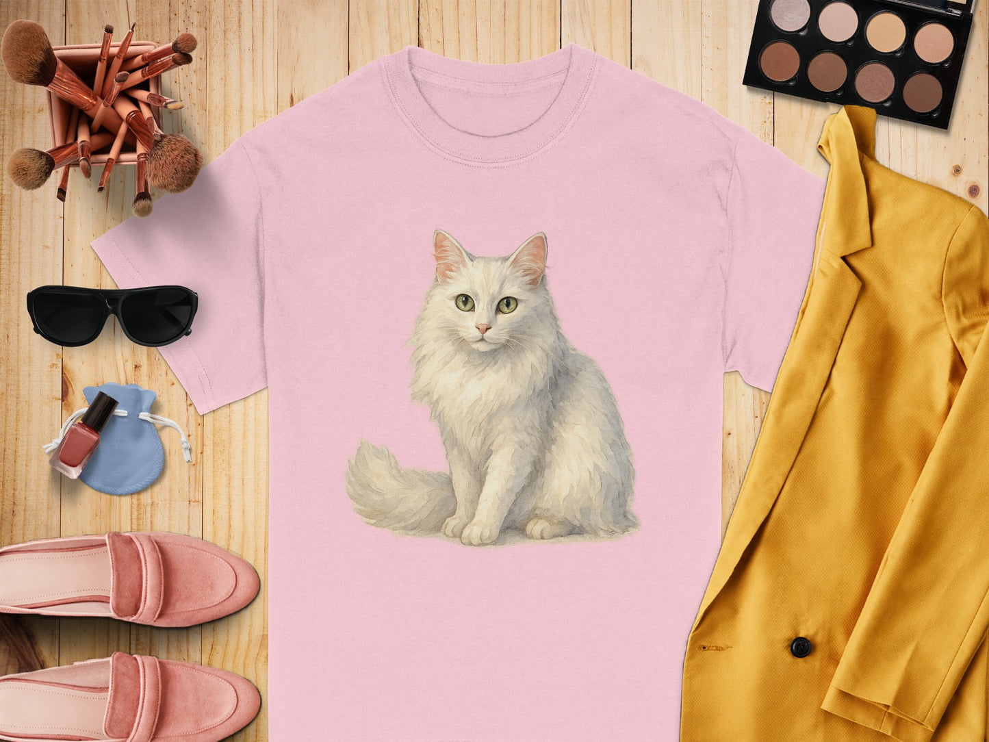Cute Fluffy White Cat Design on Pink Shirt product type