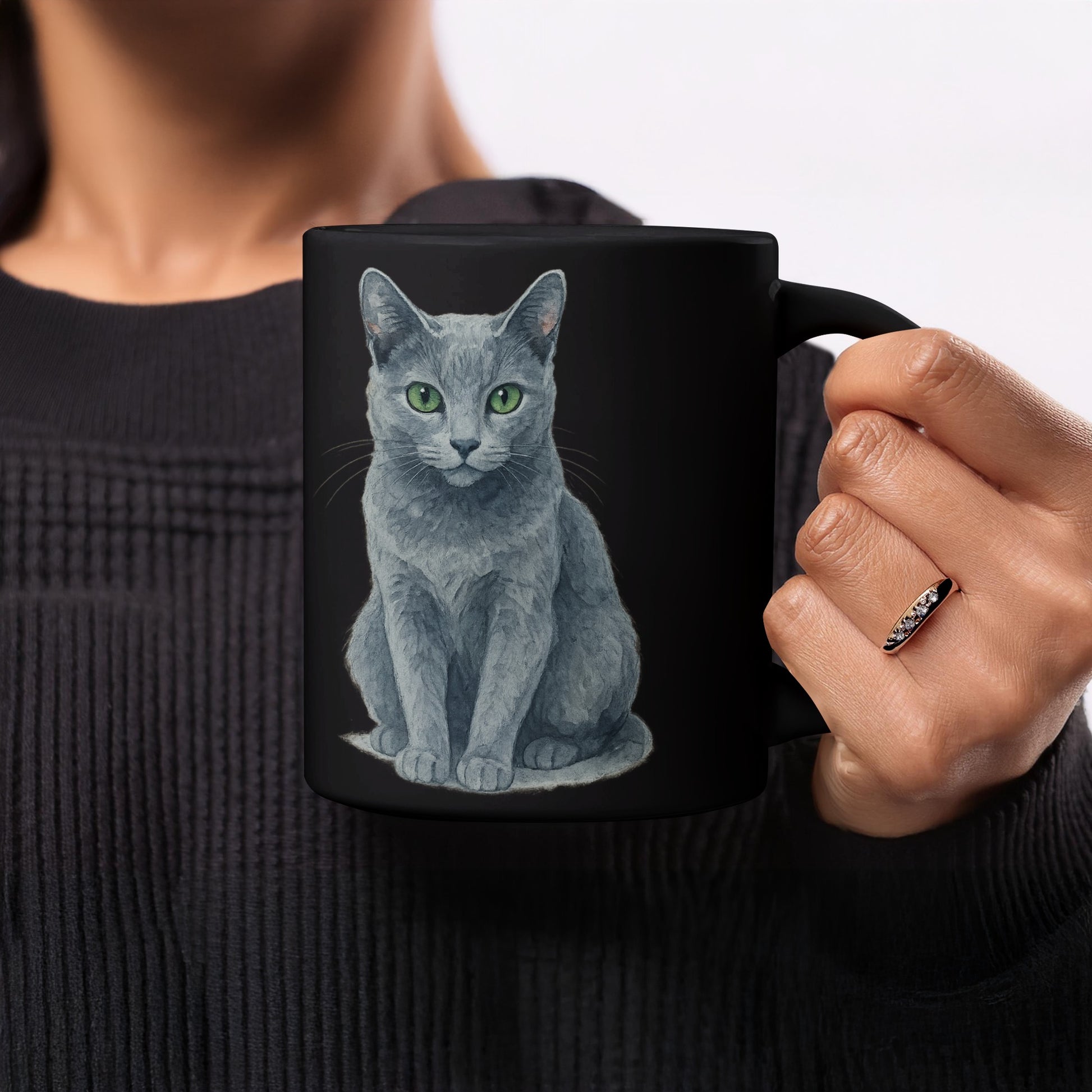 Green Eyed Cat Illustrated Black Ceramic Mug product