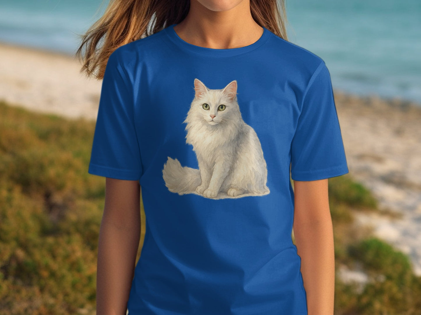 Beautiful Realistic Cat Print on Blue T-Shirt product