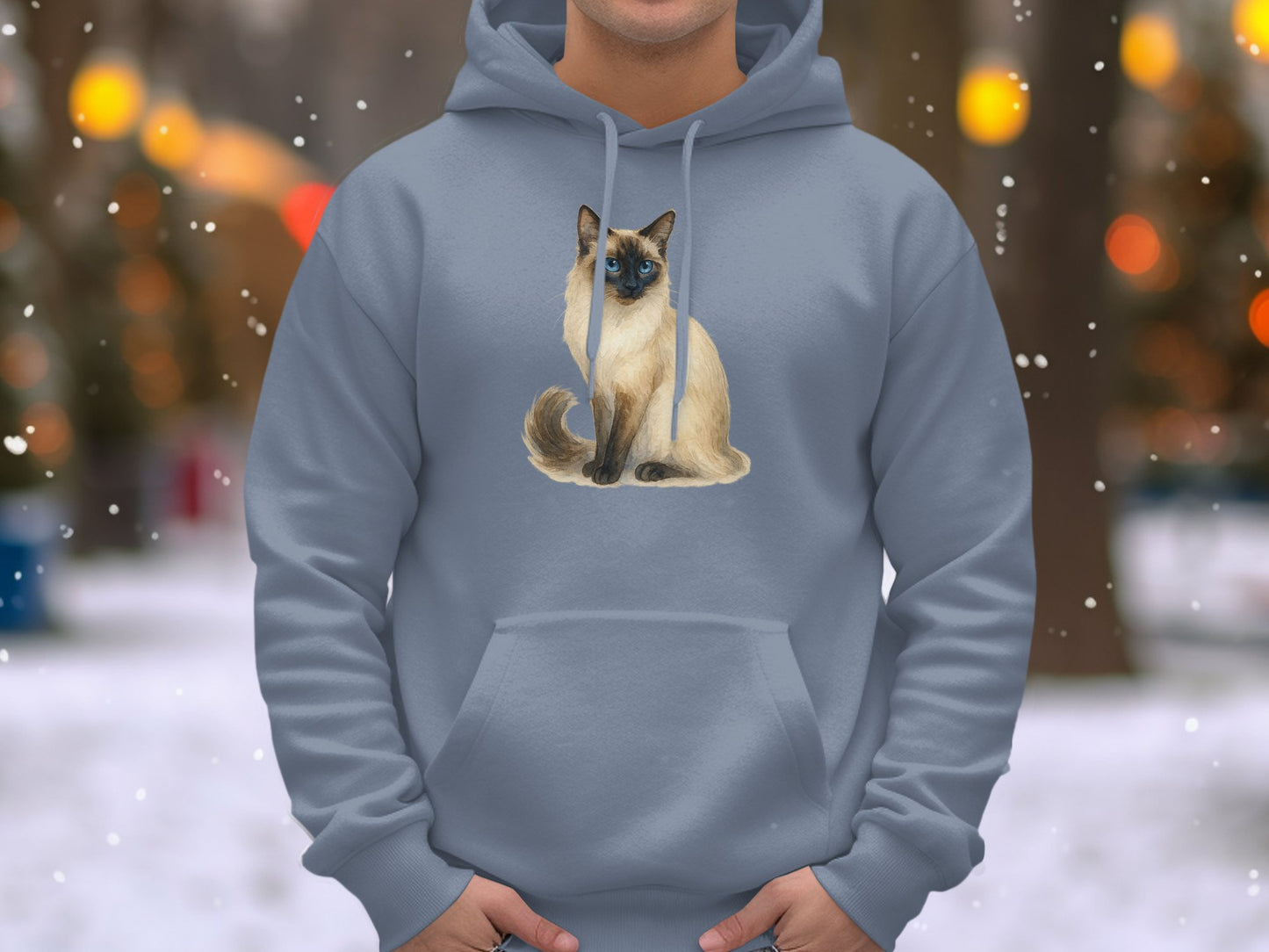 Cozy Winter Blue Hoodie with Siamese Cat Print Hoodie