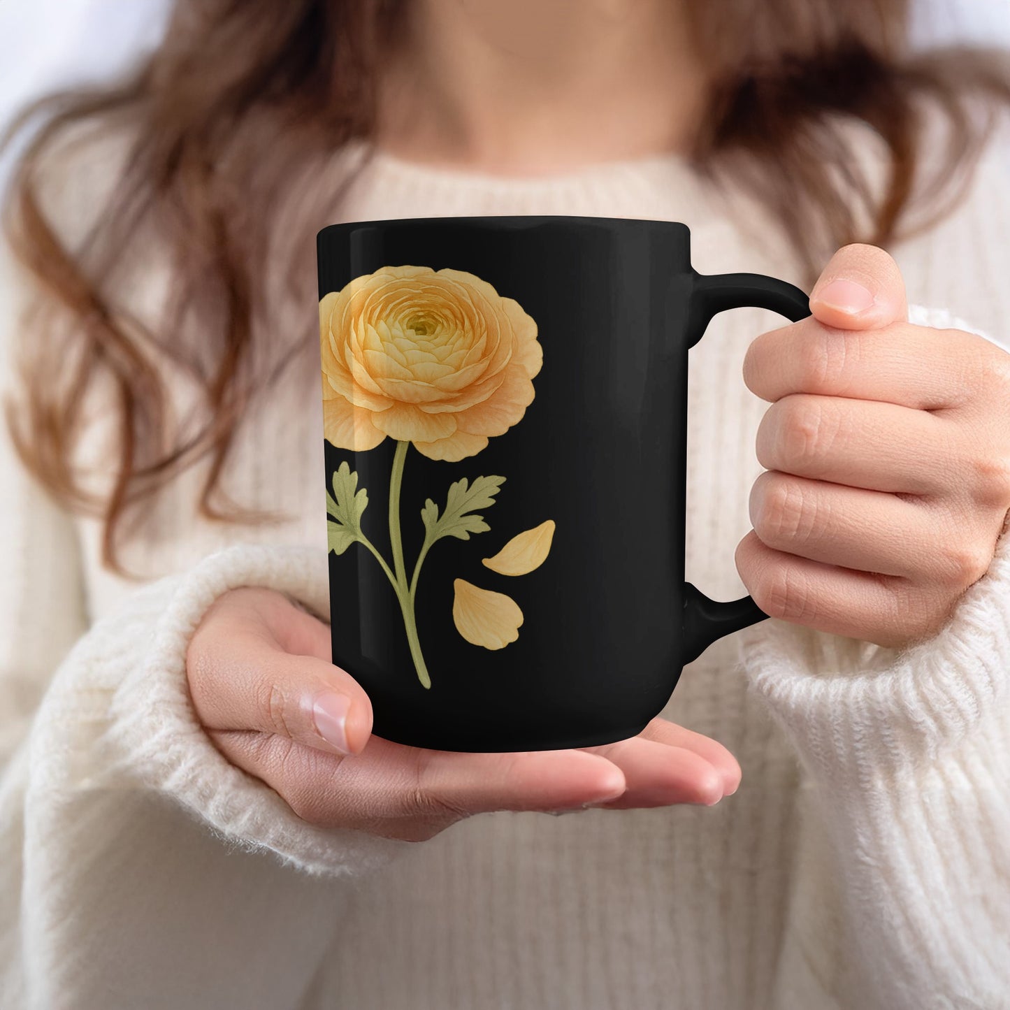 Elegant Black Mug with Yellow Flower Design product type