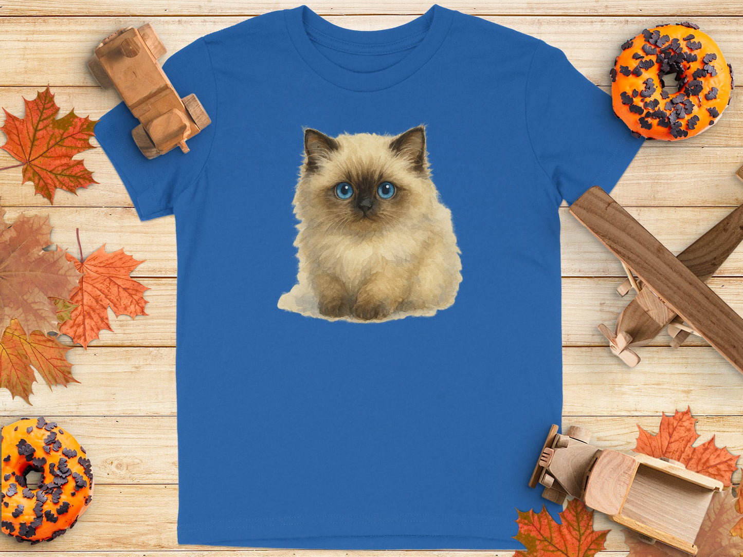 Fluffy Siamese Kitten Print on Blue T Shirt product