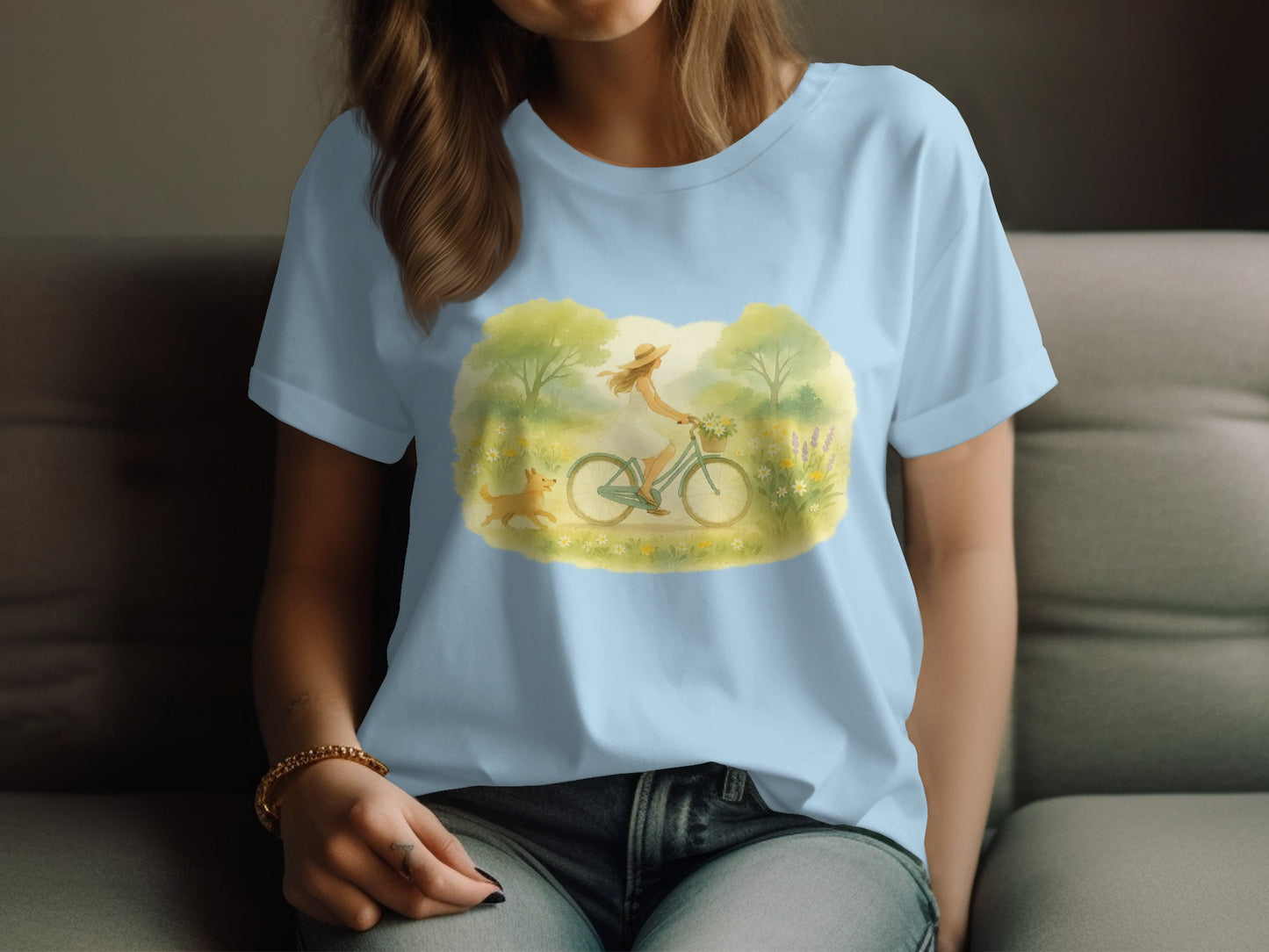 Woman Biking Through Pastoral Scene Shirt product