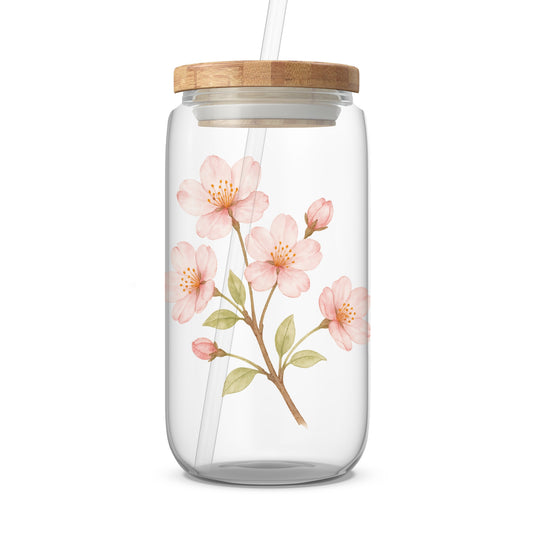 Floral Design Glass Tumbler with Bamboo Lid product