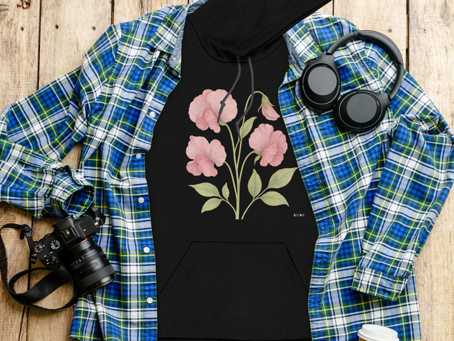 Floral Graphic Hoodie Black Unisex Casual Wear product type