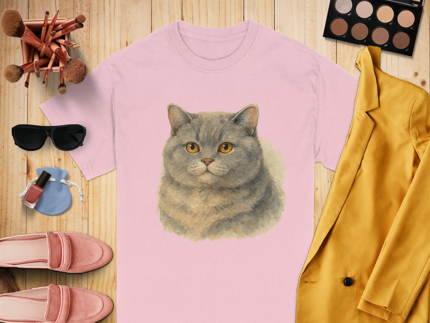 Cute Grey Cat Illustration Pink Shirt product