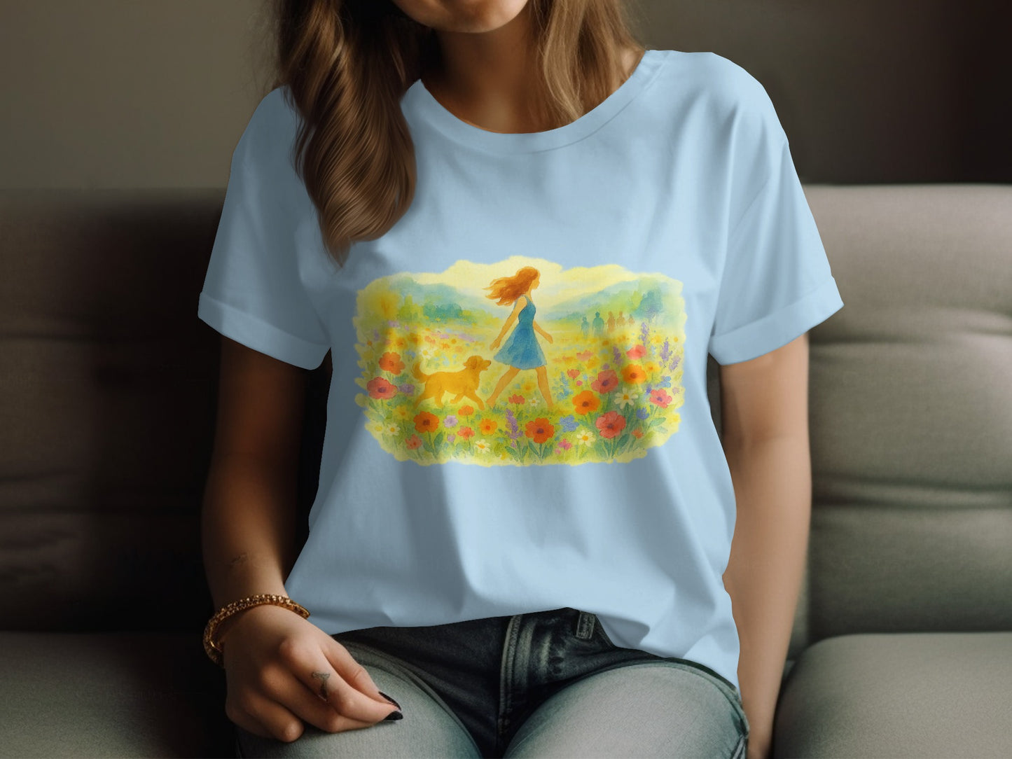 Scenic Floral Meadow with Girl and Dog T-shirt product