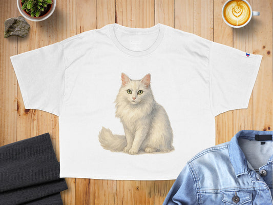 White T-Shirt Featuring Adorable Fluffy Cat Print product