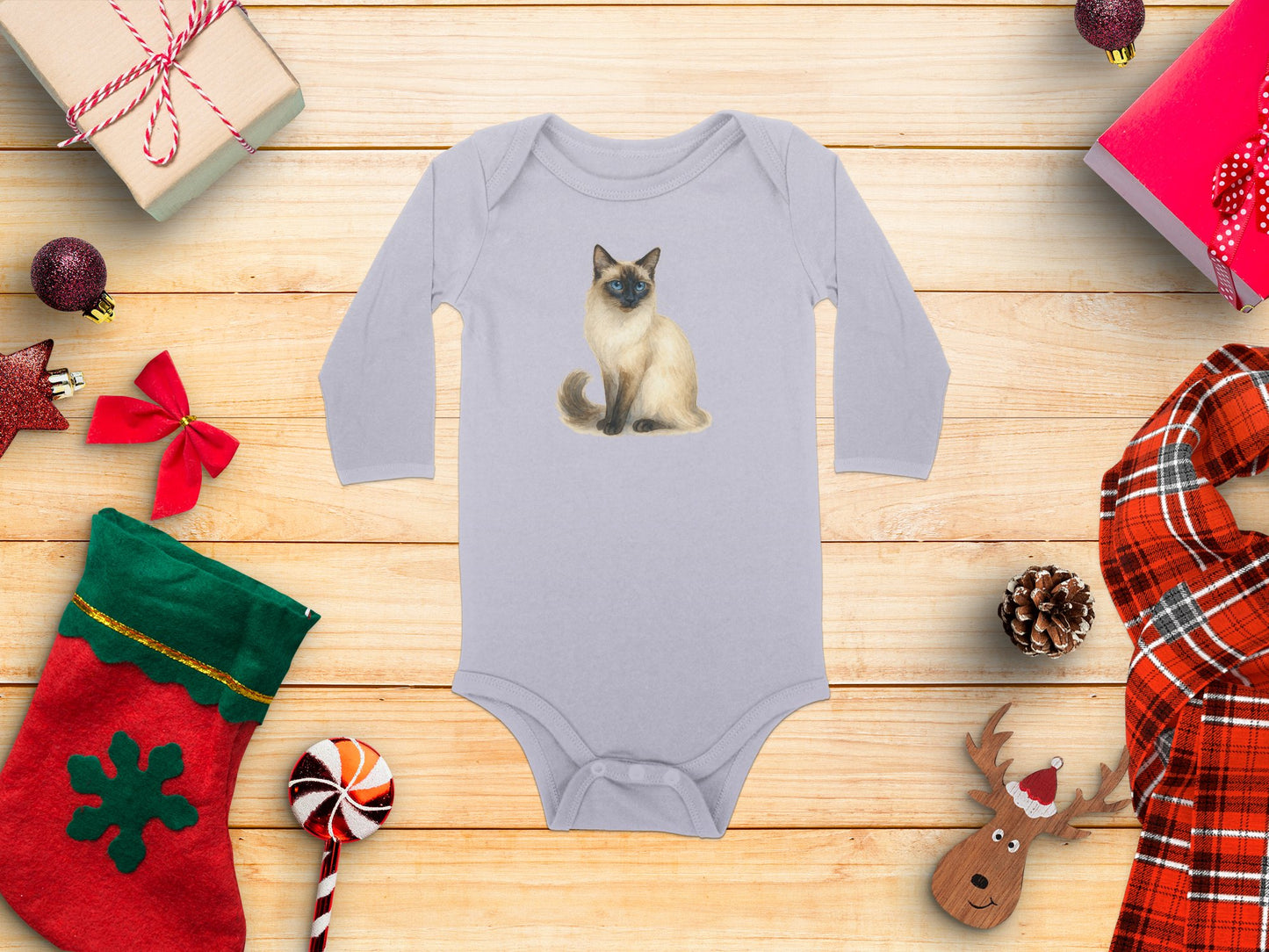 Adorable Holiday Cat Long Sleeve Baby Onesie product type