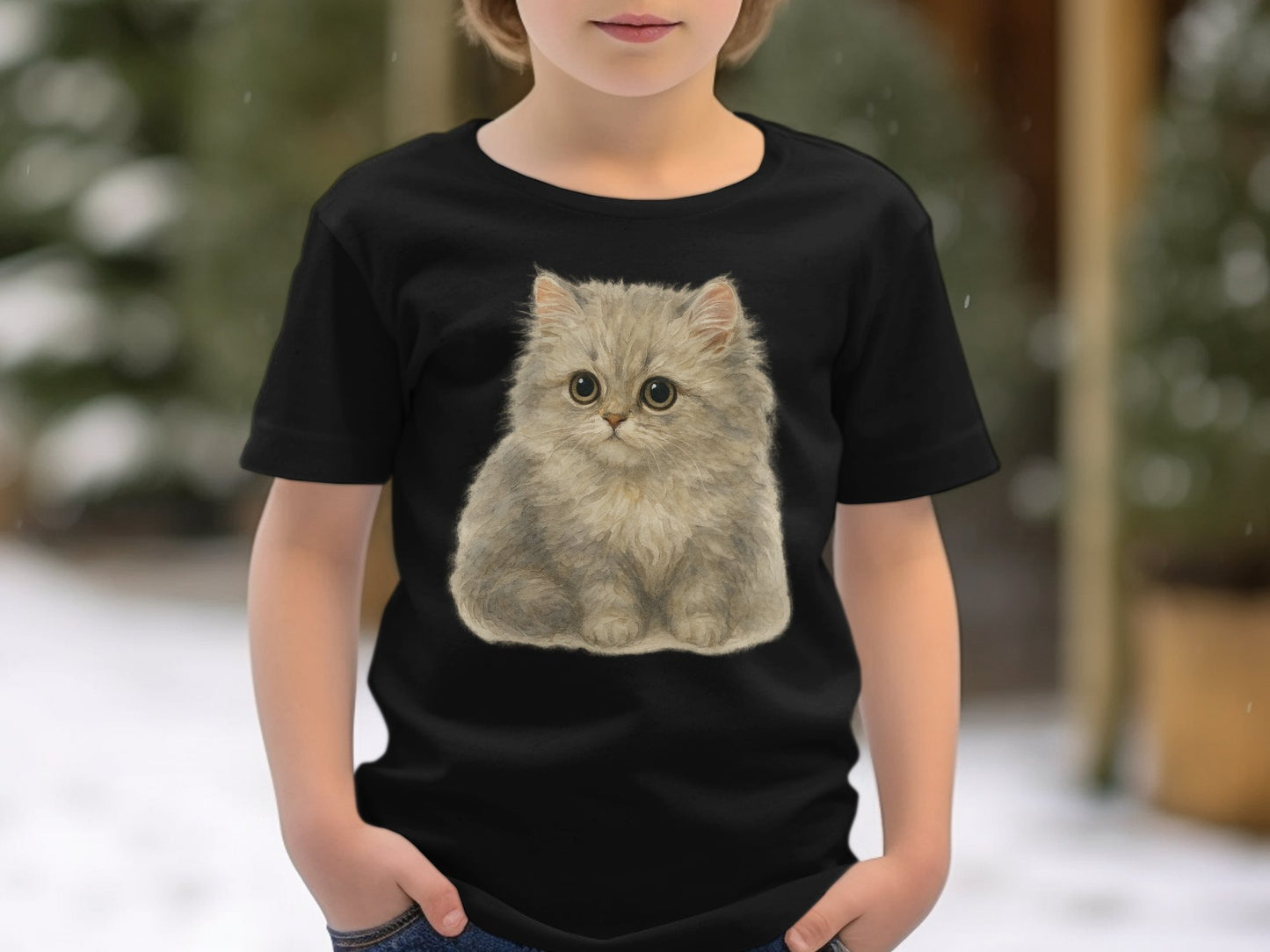 Cute Fluffy Kitten Graphic Print Black T-shirt product