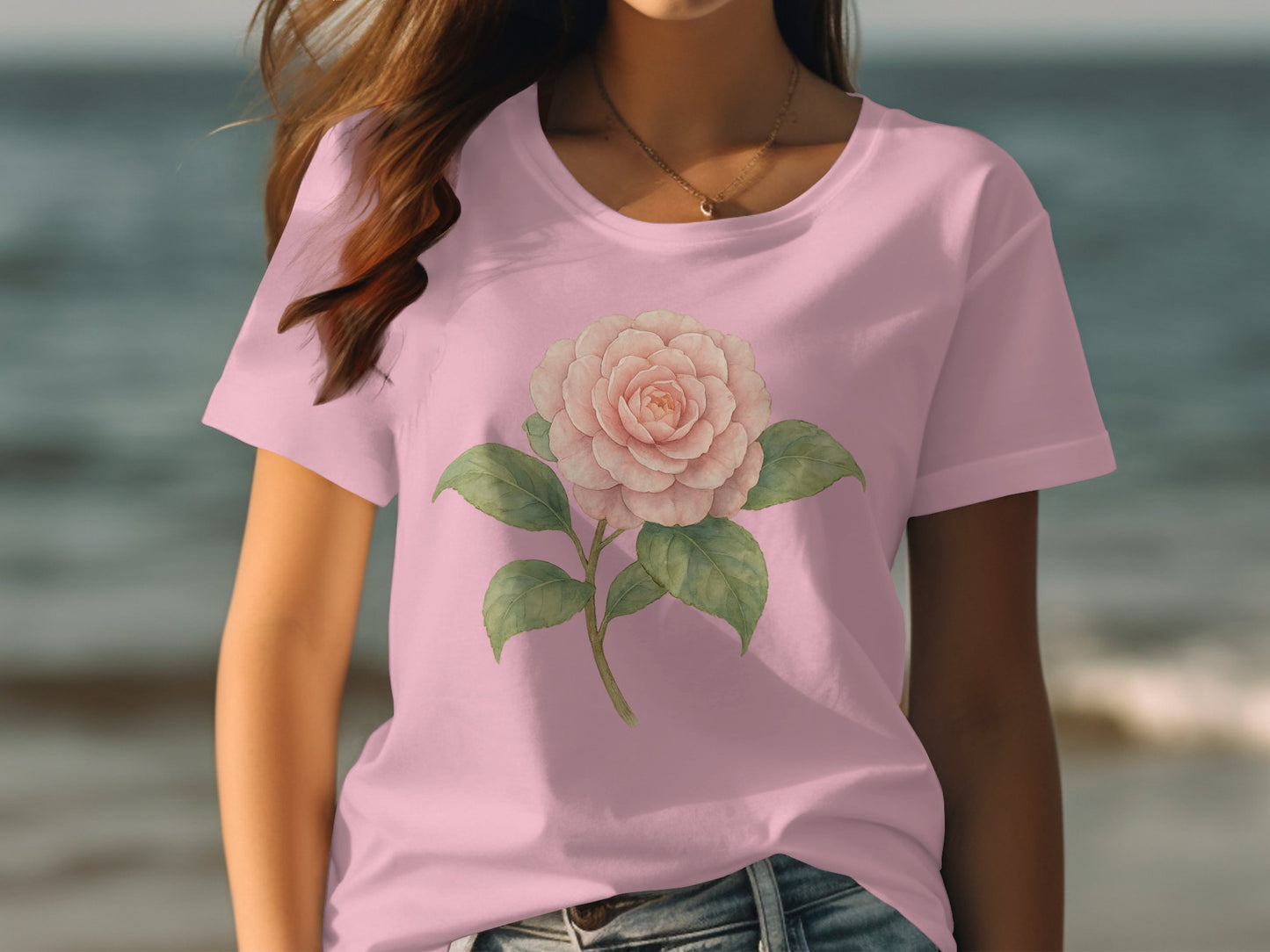 Pink T-shirt with Elegant Single Bloom Design product type
