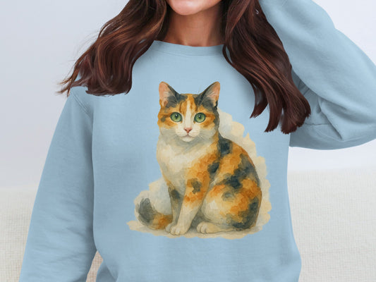 Cozy Blue Sweatshirt with Calico Cat Print product