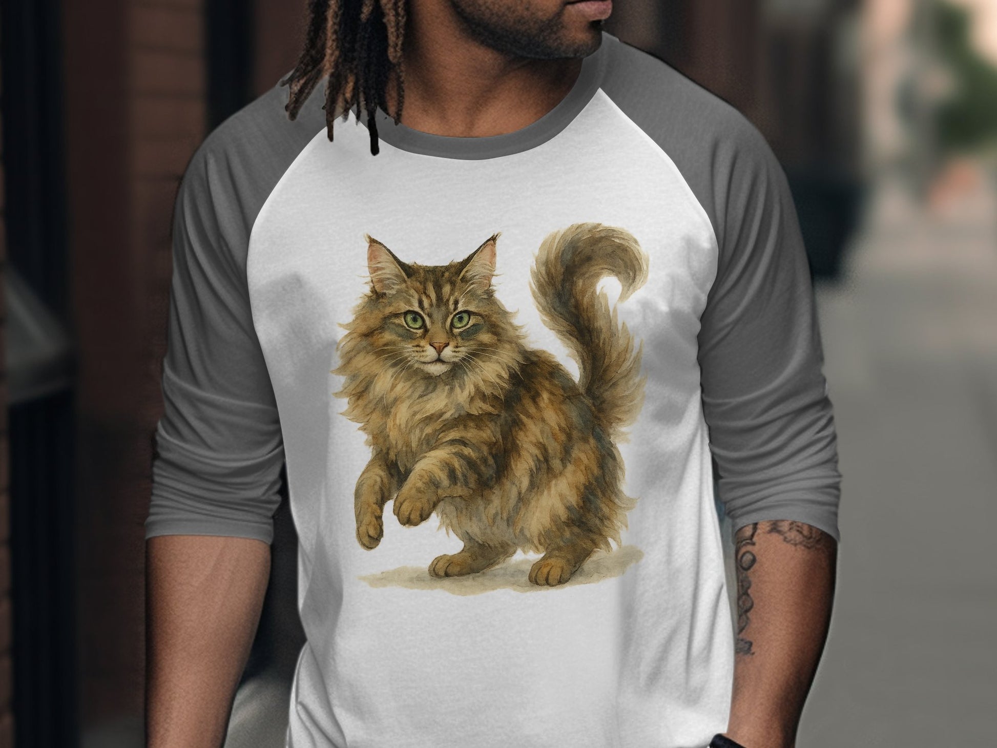 Majestic Fluffy Cat Design Grey Sleeves T-Shirt product