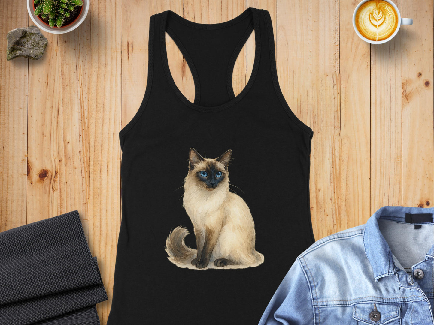 Cute Siamese Cat Print on Black Tank Top product