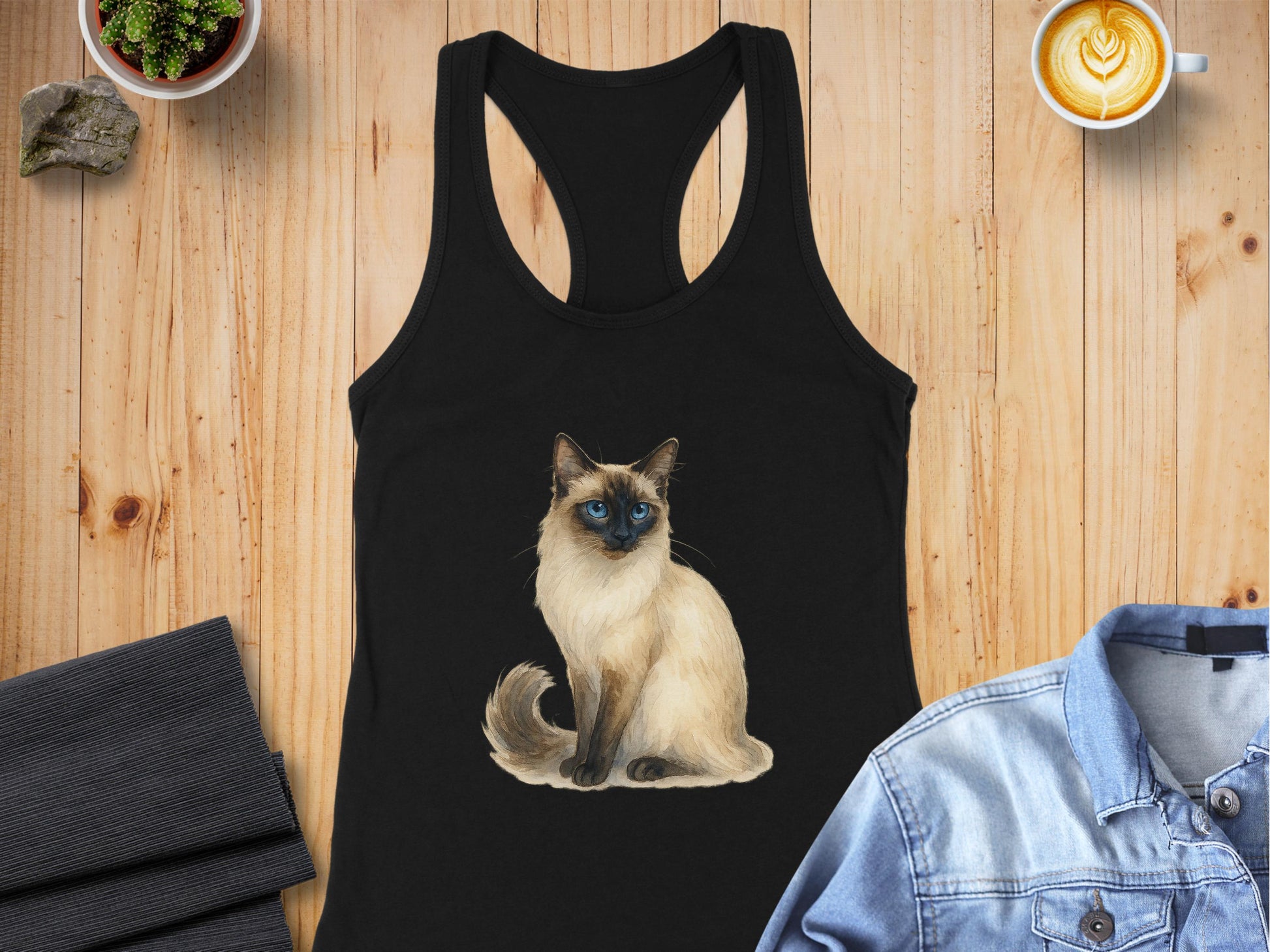 Cute Siamese Cat Print on Black Tank Top product