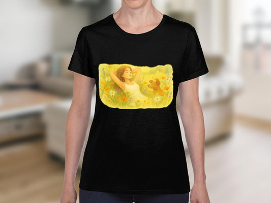 Relaxing Woman in Sunflower Field Graphic Shirt