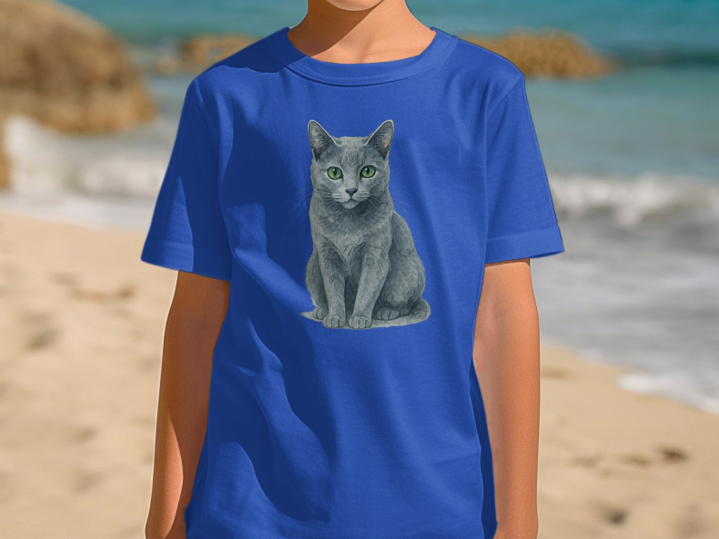 Blue T-Shirt Featuring Realistic Cat Print Design product type