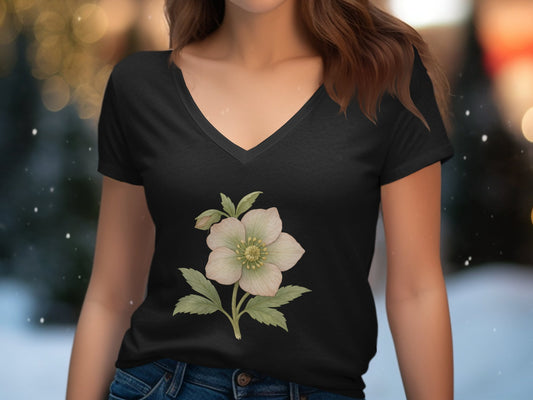 Elegant Floral Design on Black V Neck T-Shirt product