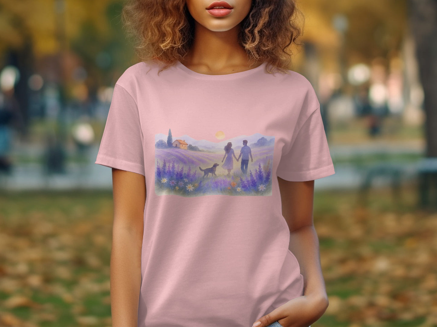 Pastel Scenic Walking Couple Graphic T-Shirt product type