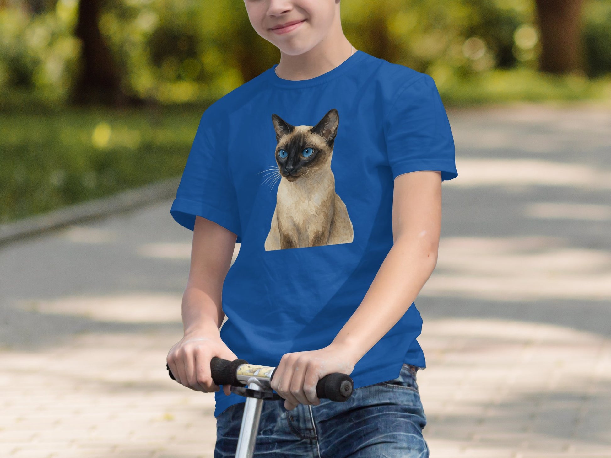 Blue T-Shirt with Cat Print Youth Casual Product