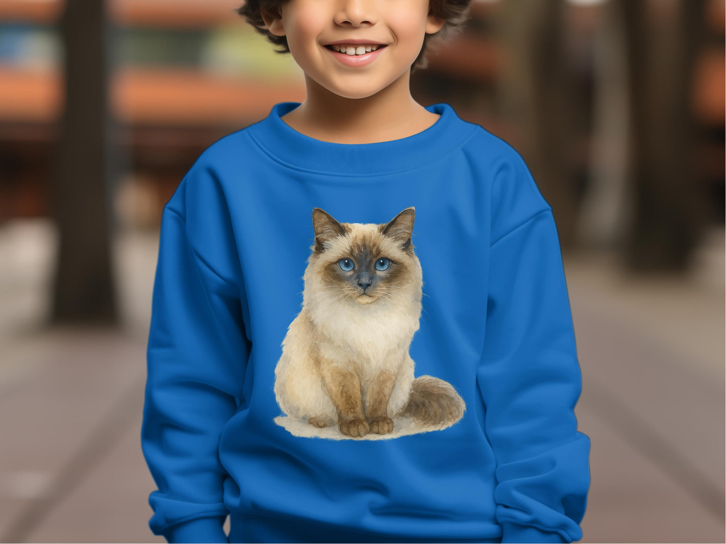 Cute Blue Eyes Siamese Cat on Blue Kids Sweatshirt product