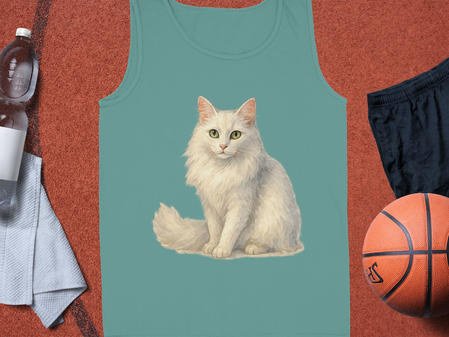 Cute White Cat Graphic on Green Tank Top product type