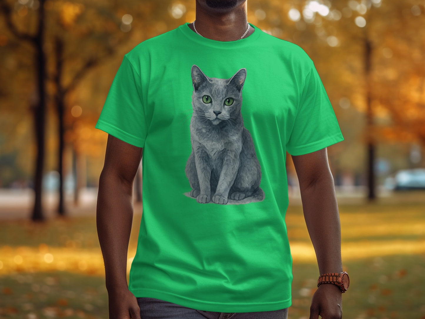 Gray Cat Illustration on Green T-Shirt product