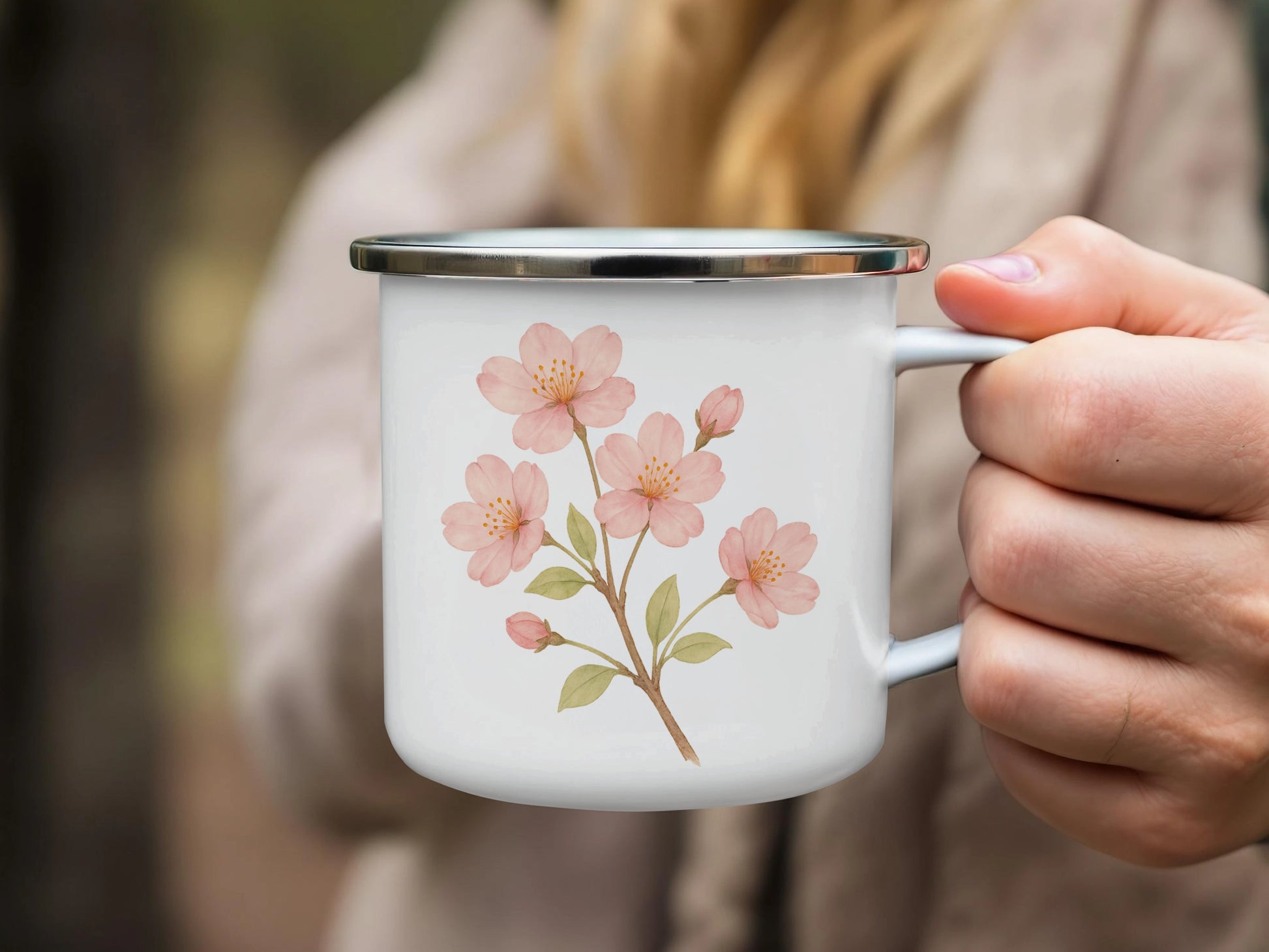 Beautiful Floral Design Enamel Mug Elegant Drinkware Product