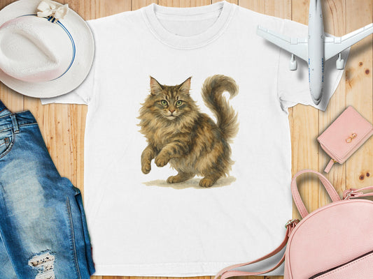 Cute Fluffy Cat Design on White T-Shirt product type