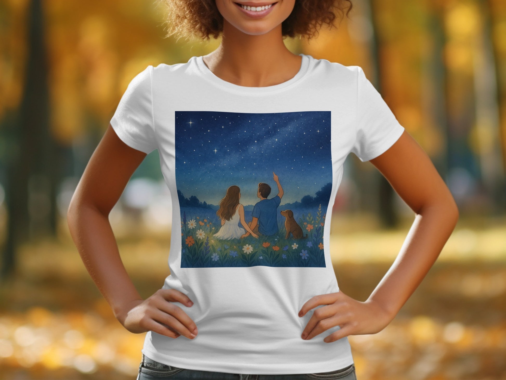 Stargazing Couple With Dog Under Night Sky T-Shirt product